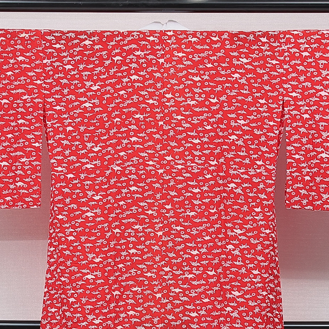 長襦袢 単衣 身丈125cm 裄丈63cm 正絹 Aランク Mサイズ バチ衿 肩当て 鶴 赤系 1229-15673