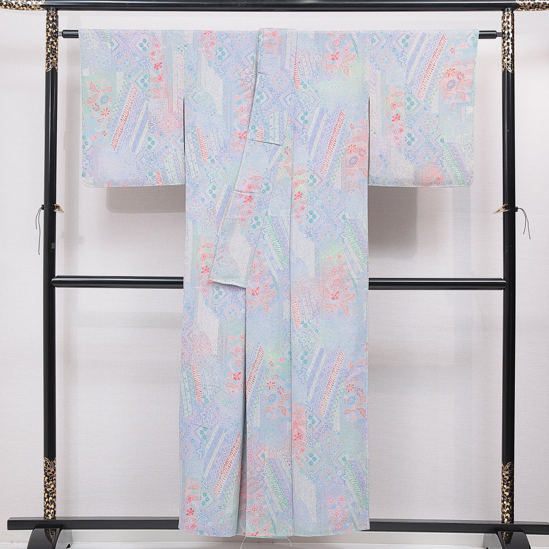 小紋 袷 身丈154cm 裄丈64cm 正絹 Sランク インフォーマル 広衿 Sサイズ 菊 グレー系 RP 1221-15526