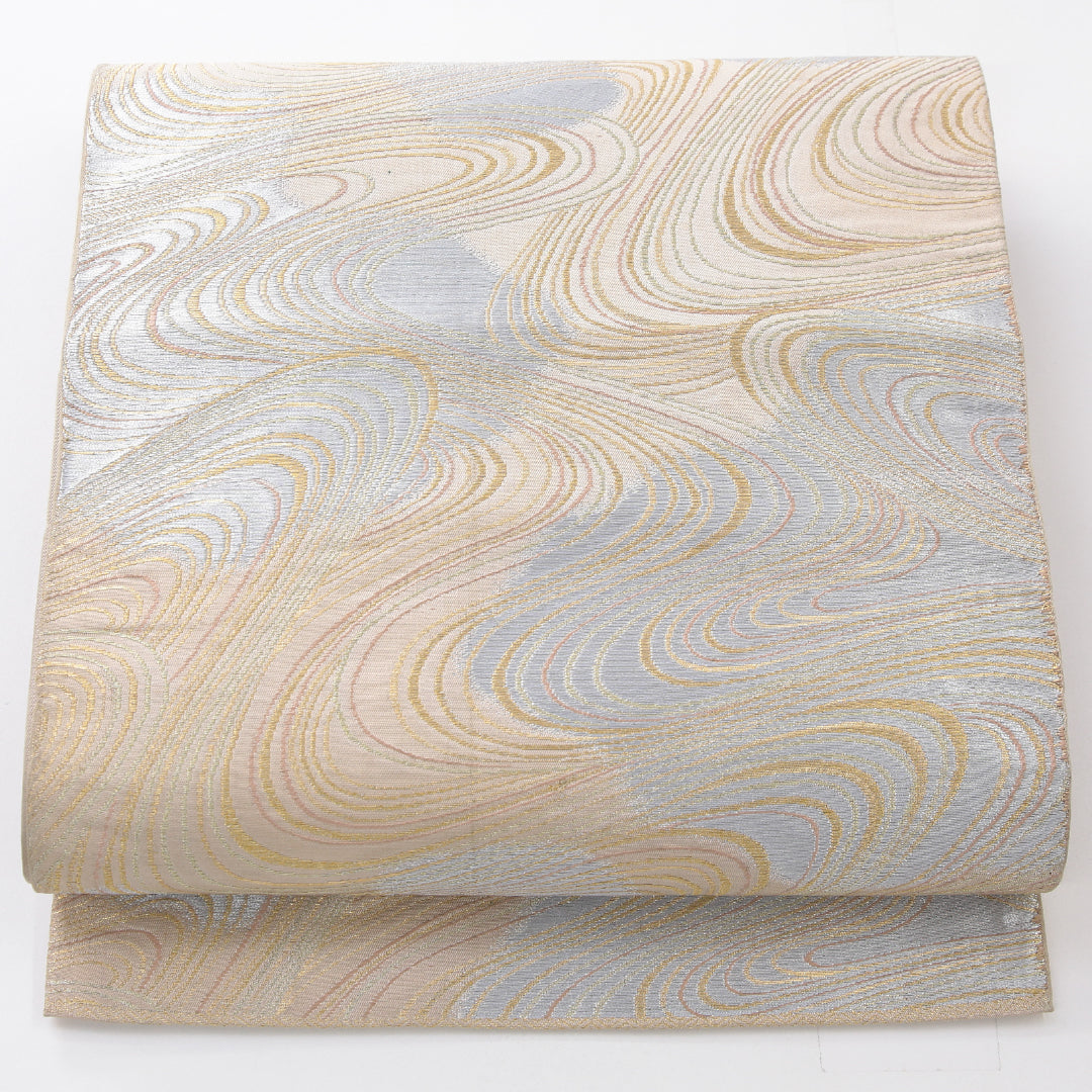 袋帯 帯丈412cm セミフォーマル 六通 Cランク 正絹 流水 ベージュ系 1223-02250