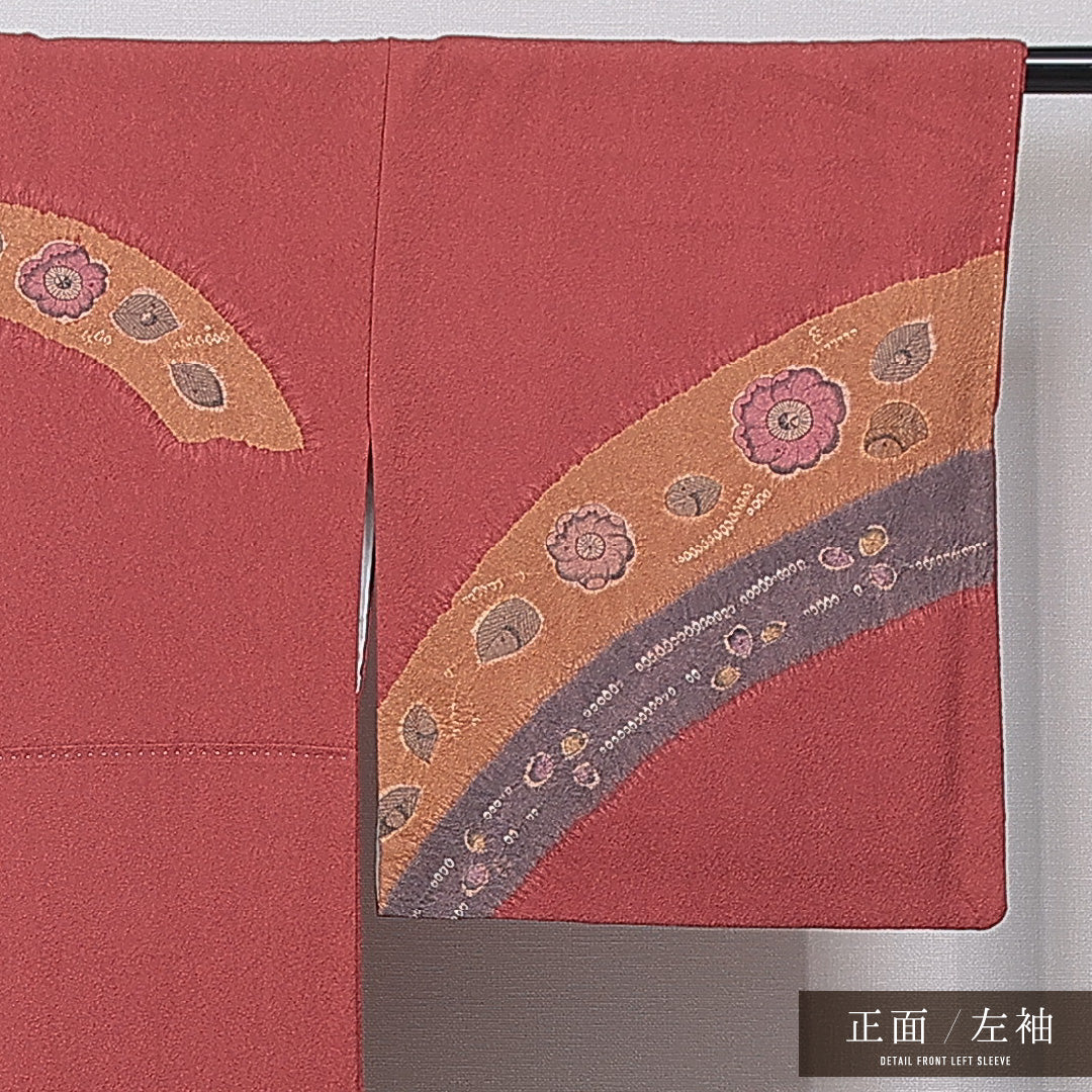付下げ 袷 身丈160cm 裄丈65cm 正絹 Sランク インフォーマル 広衿 Lサイズ ふくれ織 辻が花 赤系 RP 1218-15721