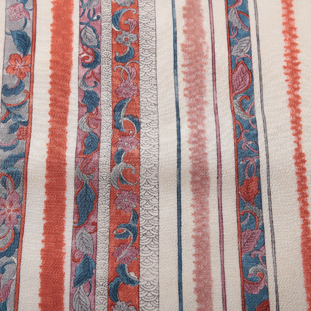 九寸名古屋帯 帯丈370cm インフォーマル 名古屋仕立て 全通 Cランク 正絹 染め帯 ちりめん 更紗 花柄 植物柄 クリーム系 1224-03907