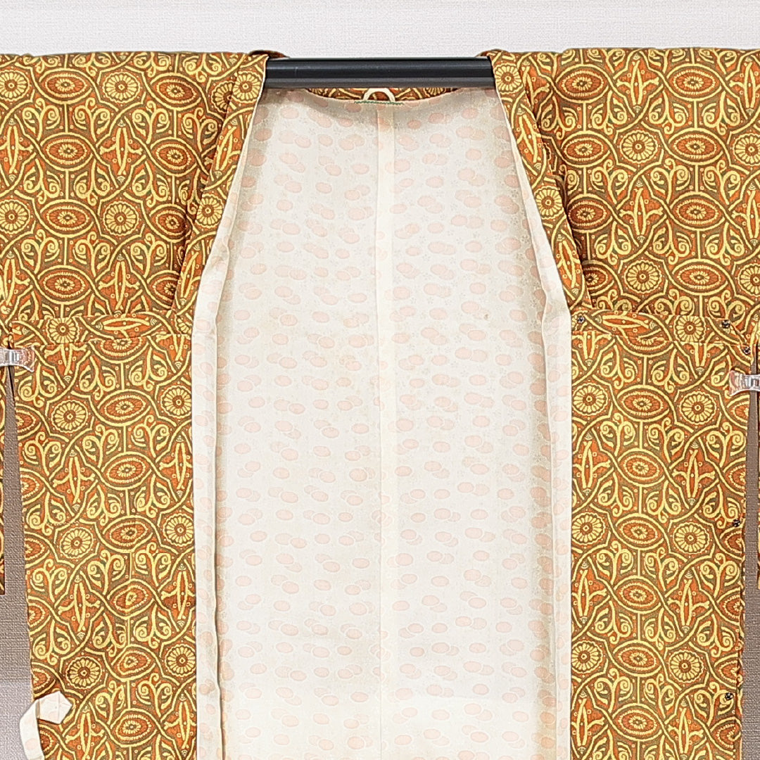 道行コート 袷 身丈86cm 裄丈46cm 正絹 Aランク Sサイズ フォーマル ポケットあり 菊 黄系 朱系 1263-15126