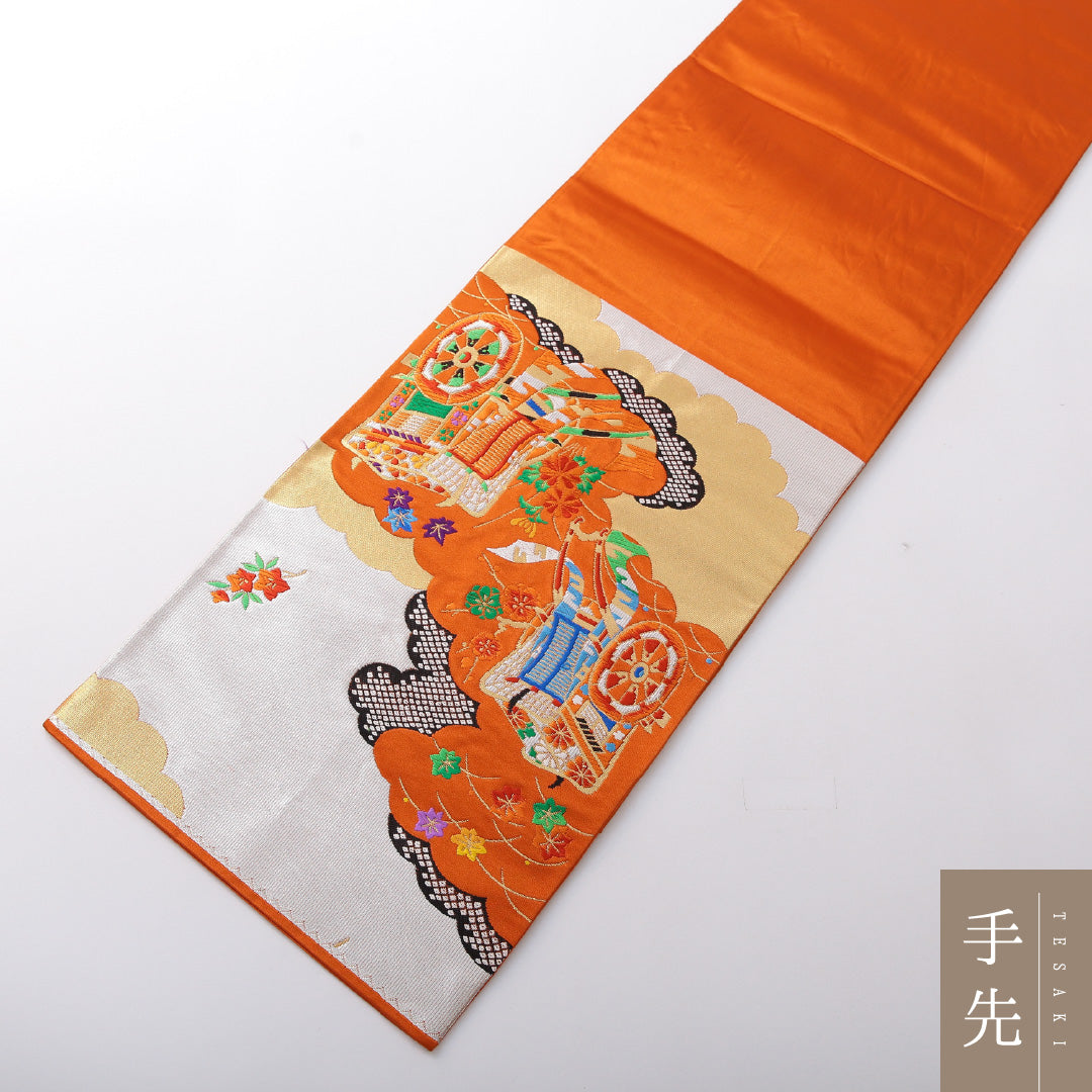 袋帯 帯丈436cm フォーマル 六通 Sランク 正絹 唐織 御所車 朱系 1223-02079