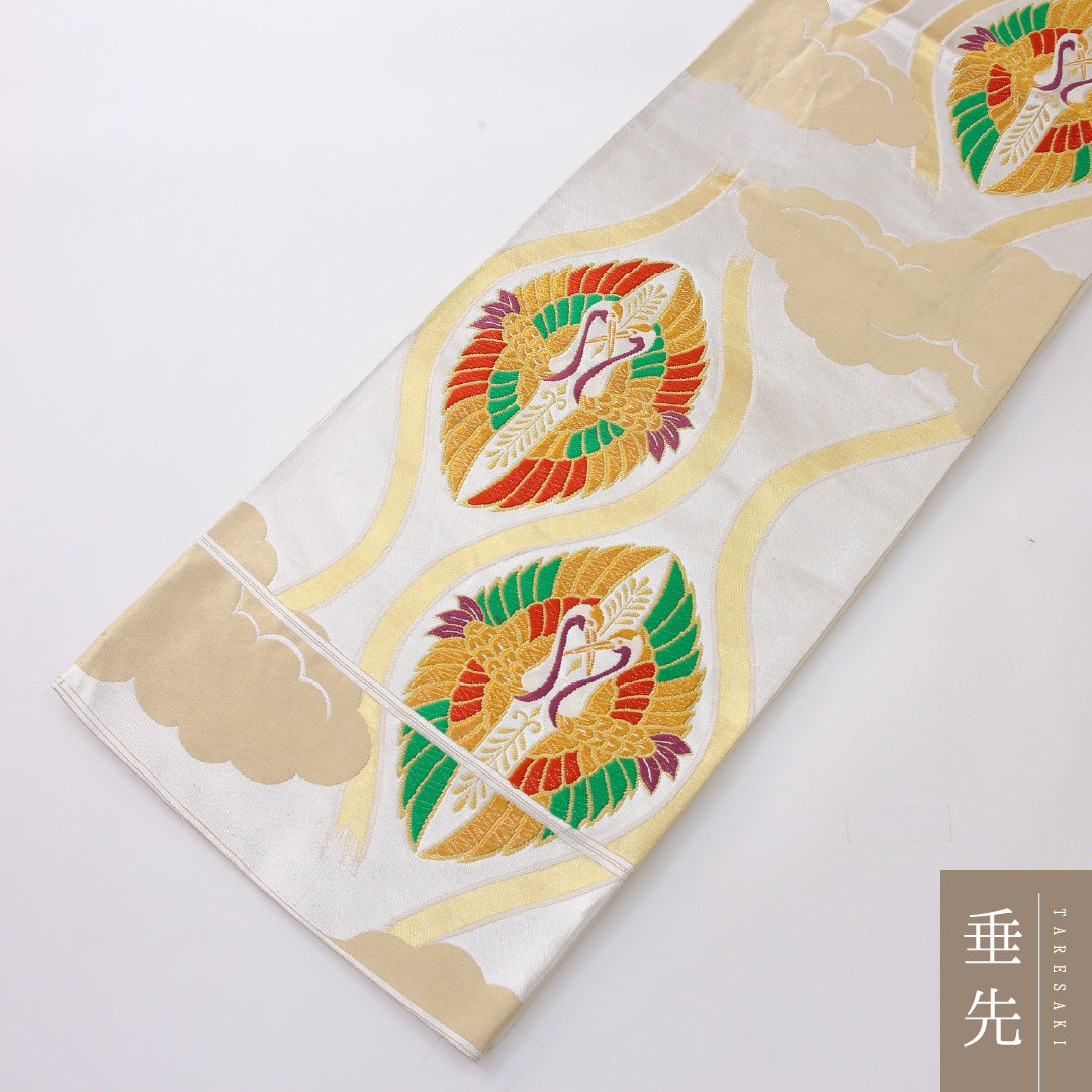 袋帯 帯丈420cm フォーマル 六通 帯芯なし Sランク 正絹 向かい鳥 よろけ縞 白系 1223-02245