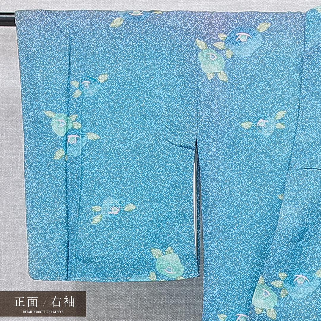 洗える着物 小紋 袷 身丈160cm 裄丈62cm ポリエステル Cランク インフォーマル 広衿 Lサイズ 椿 青系 LP 1221-16078