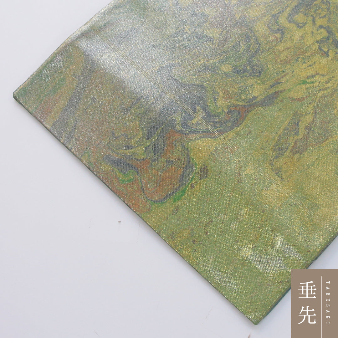 袋帯 帯丈448cm セミフォーマル 六通 帯芯なし Sランク 正絹 引箔 墨流し 緑系 金系 1223-02332