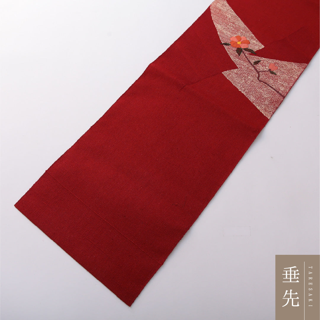 八寸名古屋帯 帯丈349cm カジュアル 松葉仕立て ポイント柄 Sランク 正絹 創作柄 赤系 1224-03622