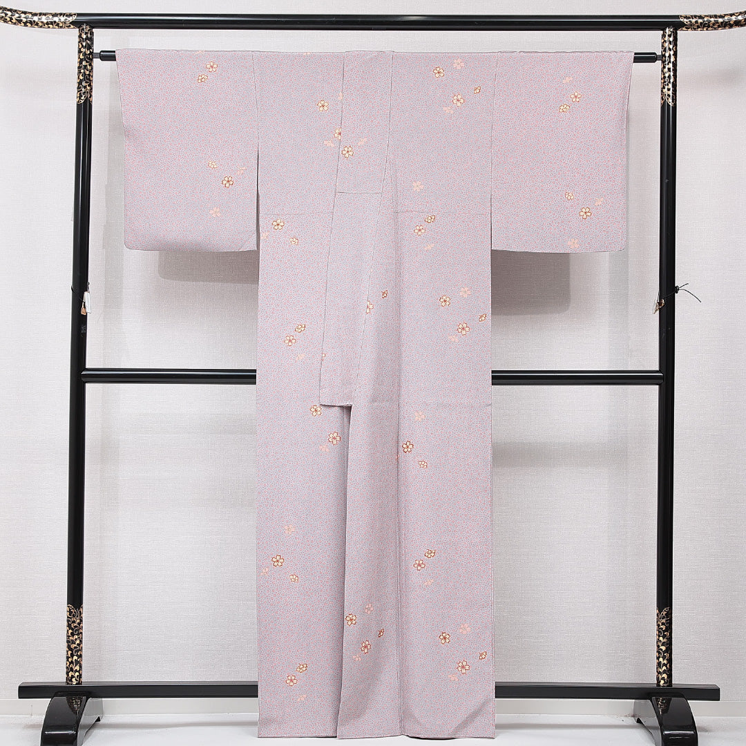 小紋 袷 身丈162cm 裄丈65cm 正絹 Bランク インフォーマル 広衿 Lサイズ 桜 グレー系 RP 1221-15198