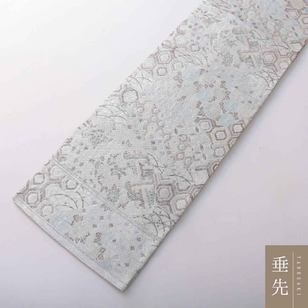 袋帯 帯丈430cm 正絹 六通 フォーマル 扇面文 古典柄 銀系 1243-02045