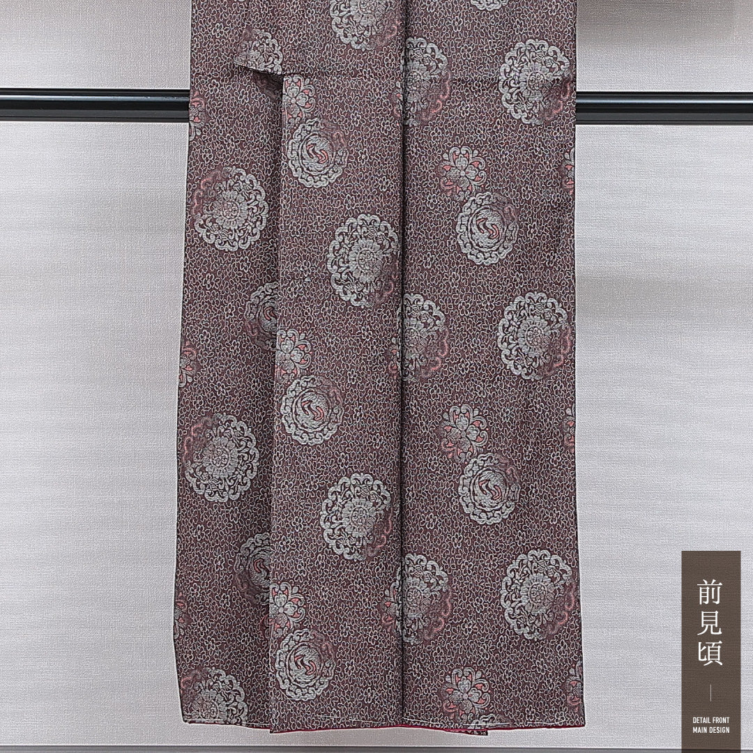 お召 袷 身丈146cm 裄丈61cm 正絹 Aランク インフォーマル バチ衿 XSサイズ 鏡裏文 花柄 茶系 RP 1222-16422