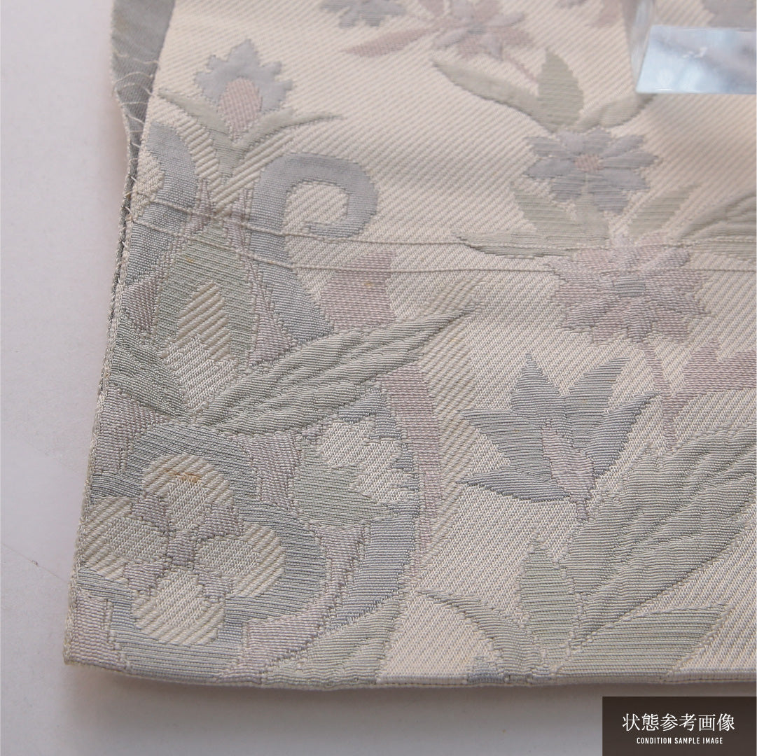 八寸名古屋帯 帯丈339cm セミフォーマル 松葉仕立て 六通 Dランク 正絹 アラベスク文様 白系 1224-03599