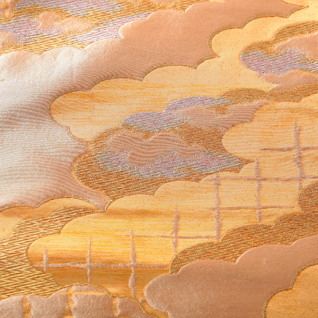 袋帯 帯丈400cm フォーマル 六通 Aランク 正絹 雲取り 金系 朱系 1223-02122