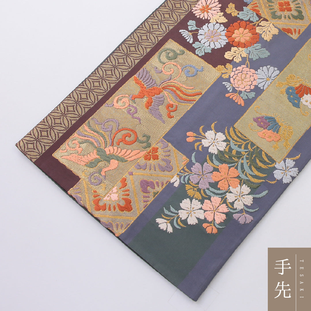 袋帯 帯丈432cm 正絹 六通 帯芯なし フォーマル 裂取り 鳳凰 吉祥文様 グレー系 1243-02202