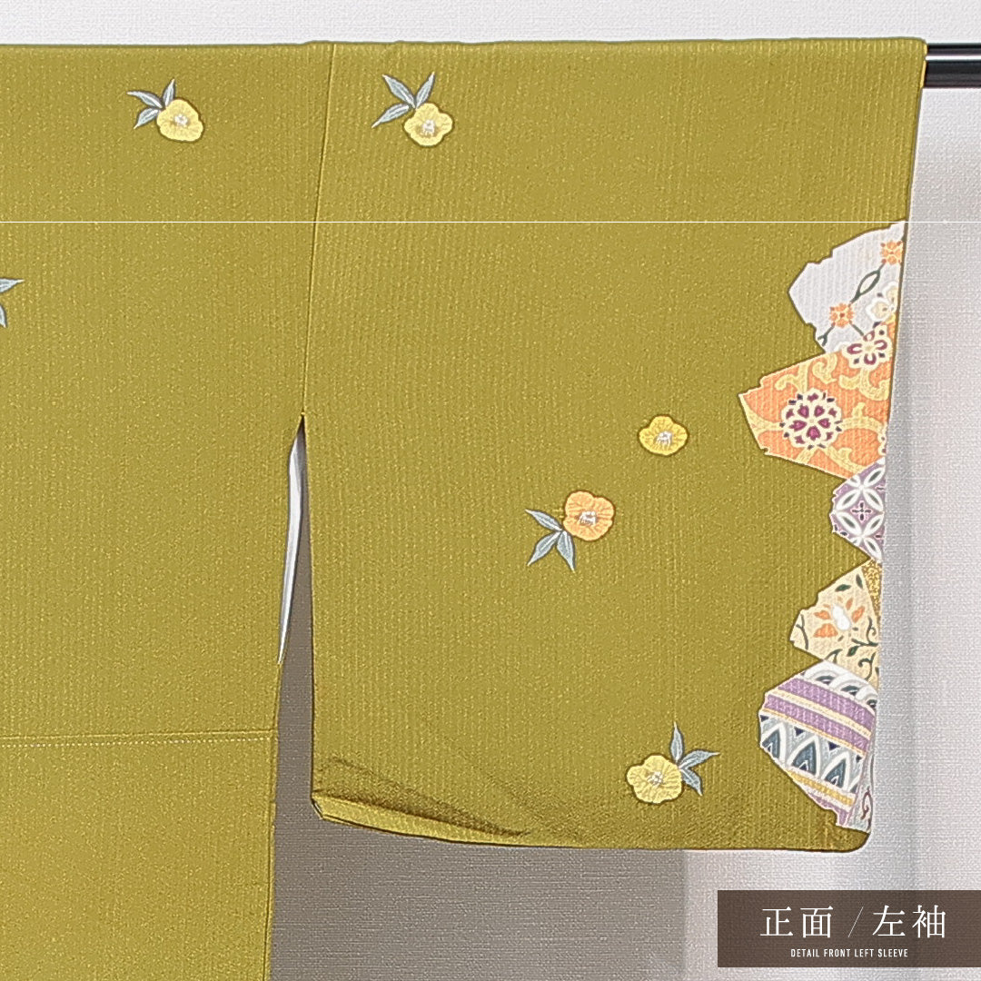 付下げ 袷 身丈155cm 裄丈67cm 正絹 Aランク インフォーマル 広衿 Mサイズ 部分絞り 金駒刺繍 ガード加工 唐華 菱 黄系 RP 1218-15727