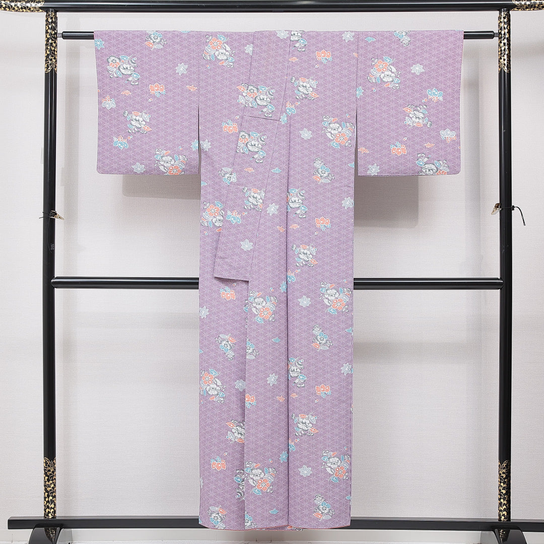 洗える着物 小紋 袷 身丈152cm 裄丈62cm ポリエステル Aランク インフォーマル 広衿 Sサイズ 椿 紫系 RP 1221-15843