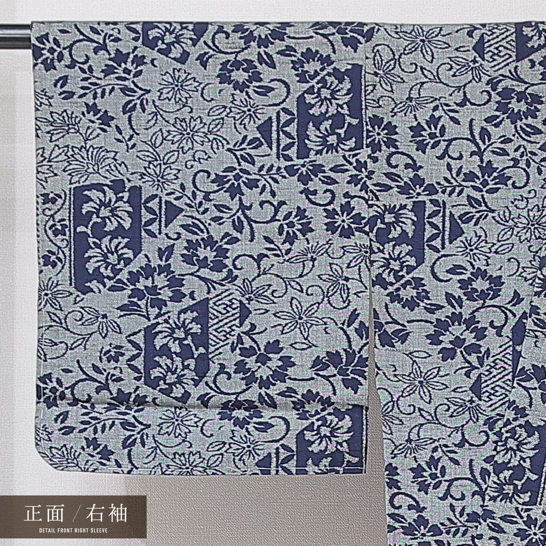紬 単衣 身丈151cm 裄丈63cm 正絹 Cランク カジュアル バチ衿 Sサイズ 唐草 桜 グレー系 HP 1223-15190