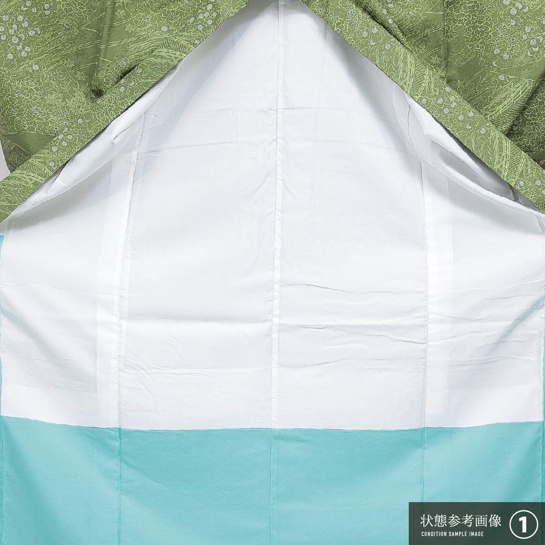 洗える着物 小紋 袷 身丈160cm 裄丈64cm ポリエステル Sランク インフォーマル バチ衿 Lサイズ 古典柄 緑系 RP 1221-16413