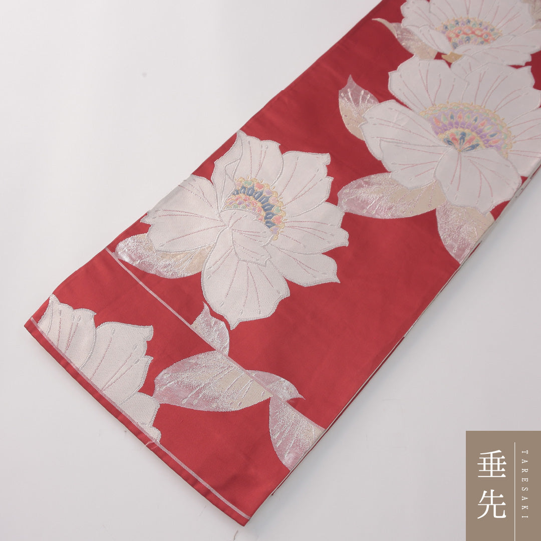 袋帯 帯丈446cm セミフォーマル 六通 Aランク 正絹 花柄 赤系 朱系 1223-02306