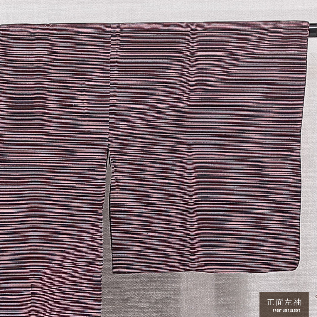 道行コート 袷 身丈85cm 裄丈65cm 正絹 Aランク Mサイズ フォーマル ポケットあり 縞 黒系 赤系 1263-15135