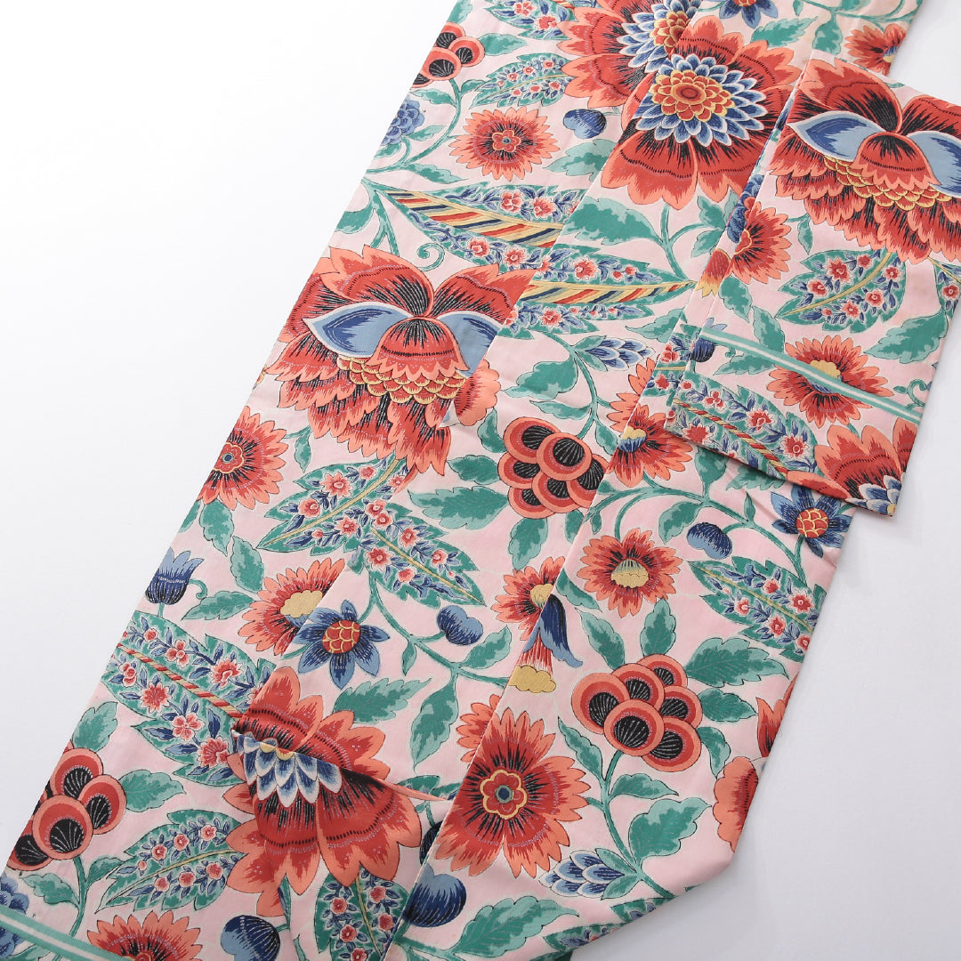 アンティーク 九寸名古屋帯 帯丈333cm 名古屋仕立て 全通 Bランク 正絹 染め帯 花柄 植物柄 ピンク系 1224-03882