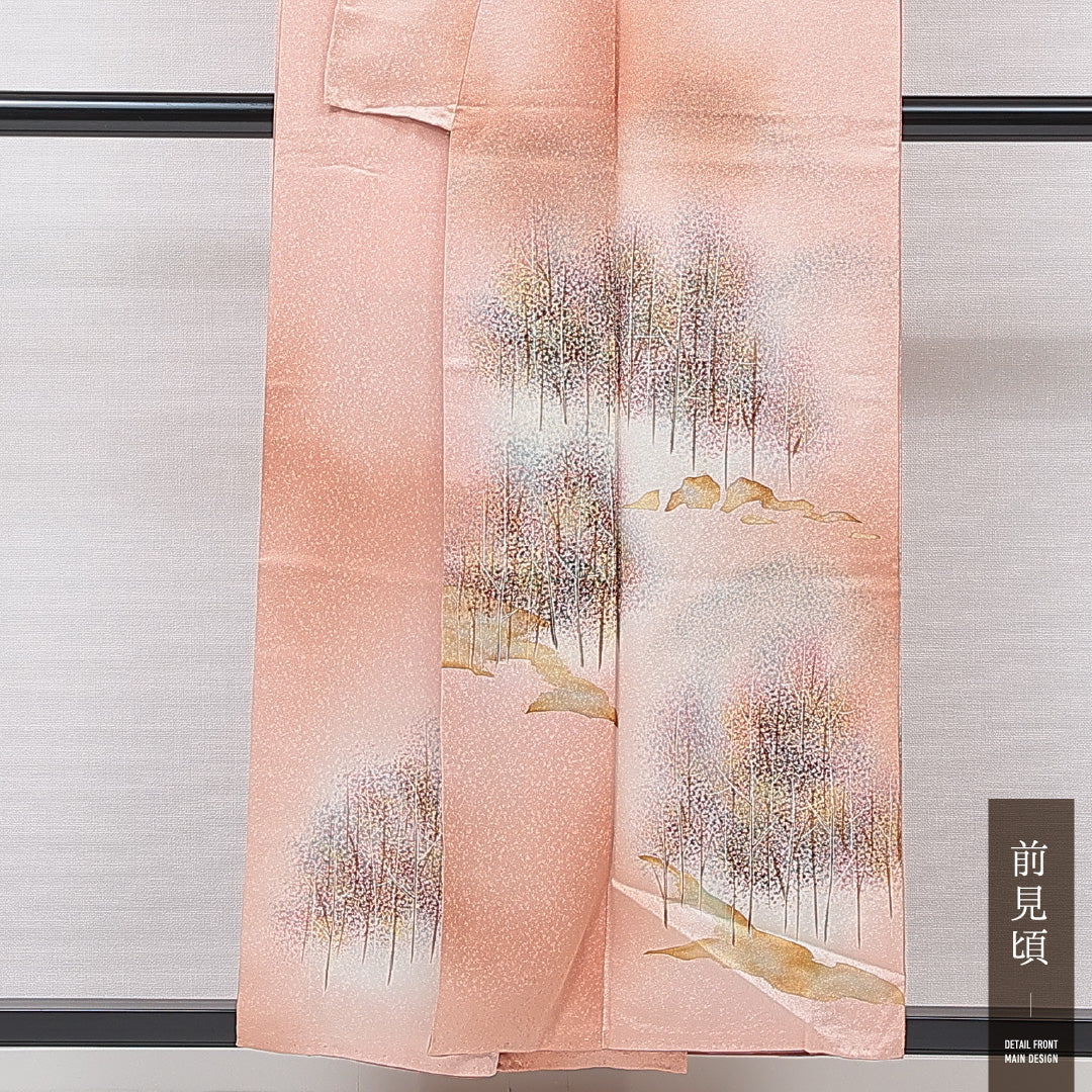 付下げ 袷 身丈155cm 裄丈63cm 正絹 Aランク インフォーマル 広衿 Mサイズ ぼかし染 木立 ピンク系 RP 1218-15877
