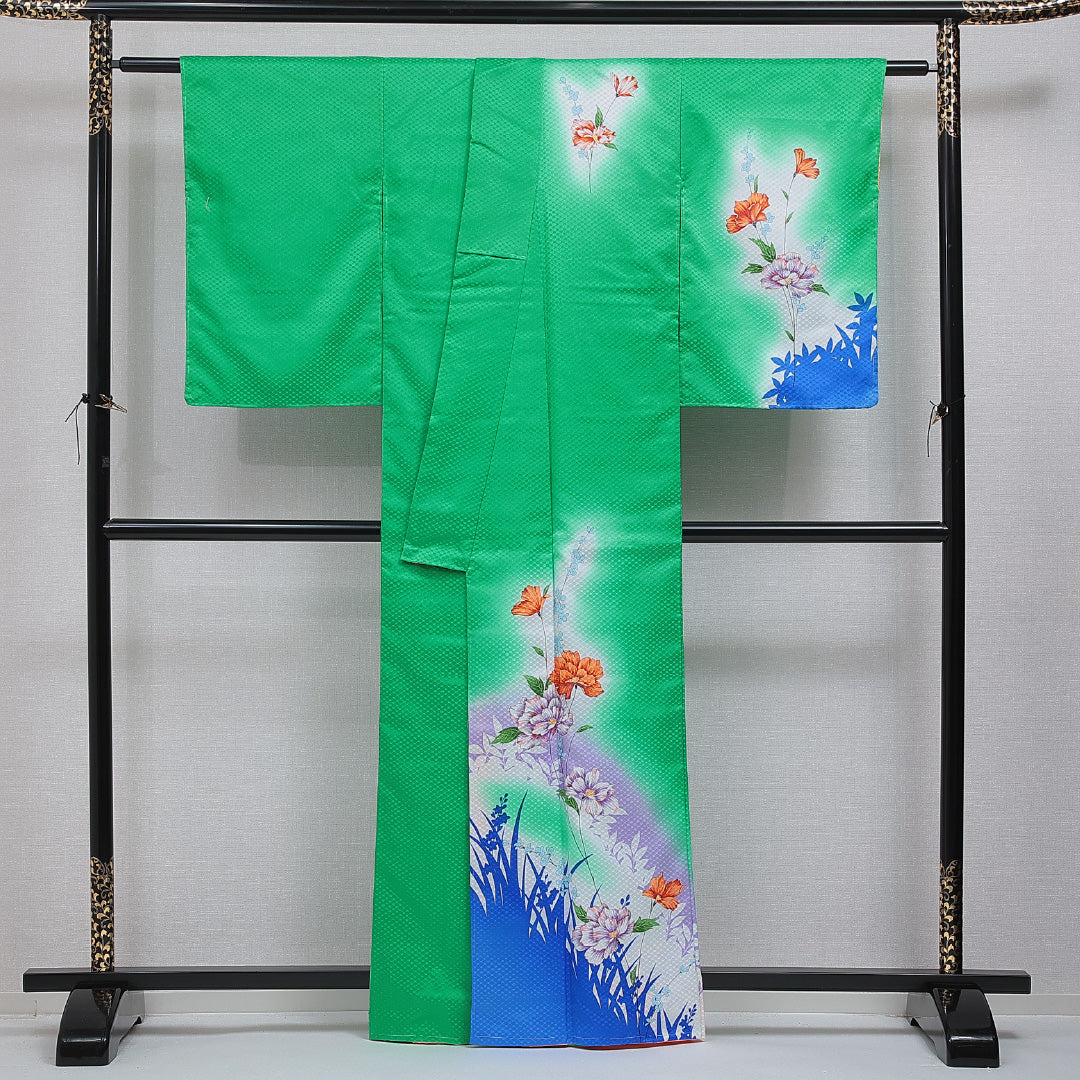 洗える着物 付下げ 袷 身丈162cm 裄丈66cm ポリエステル Aランク インフォーマル 広衿 Lサイズ 花柄 緑系 HP 1218-16399