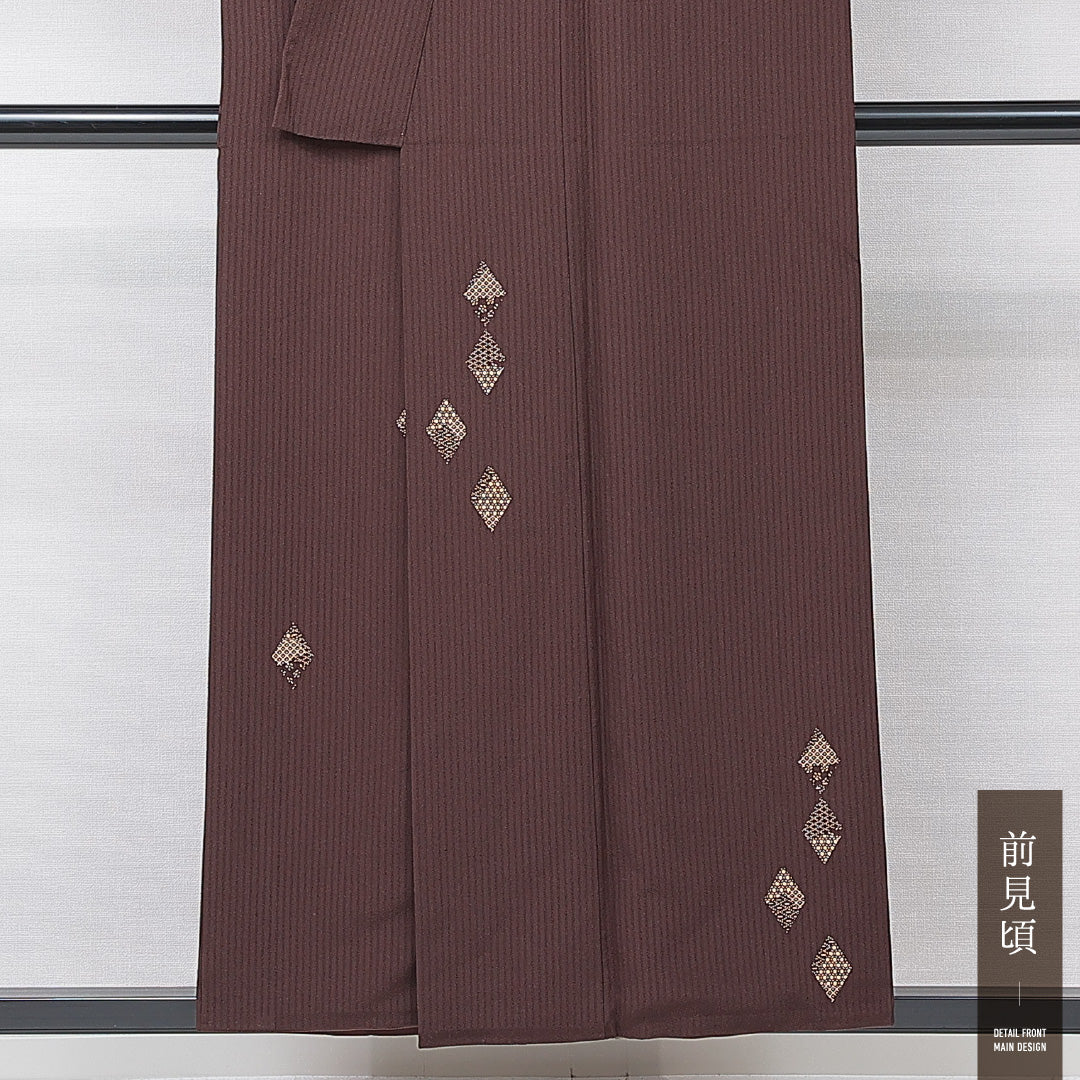 小紋 袷 身丈152cm 裄丈62cm 正絹 Sランク インフォーマル バチ衿 Sサイズ 菱 茶系 RP 1221-15154