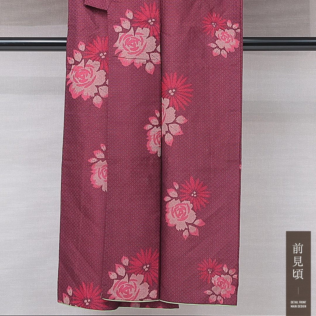 アンティーク お召 袷 身丈147cm 裄丈62cm 正絹 Aランク バチ衿 XSサイズ 薔薇 赤系 M4 1222-15141
