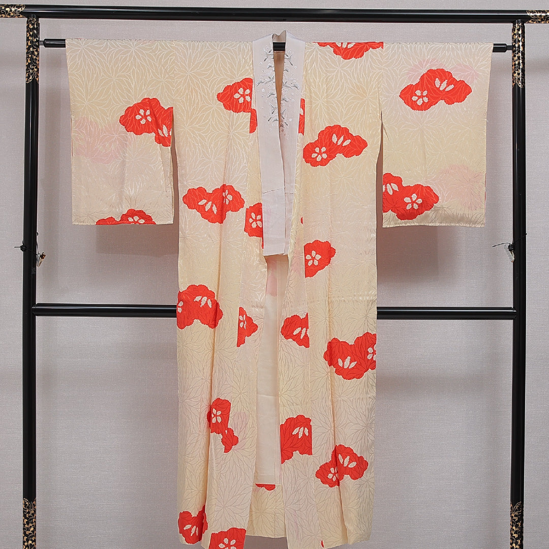 長襦袢 無双袖 身丈144cm 裄丈62cm 正絹 Aランク FREEサイズ 部分絞り 菊 笠松 クリーム系 RP 1239-16638