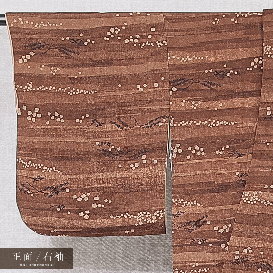 小紋 袷 身丈156cm 裄丈63cm 正絹 Aランク インフォーマル 広衿 Mサイズ 植物柄 茶系 RP 1221-15217
