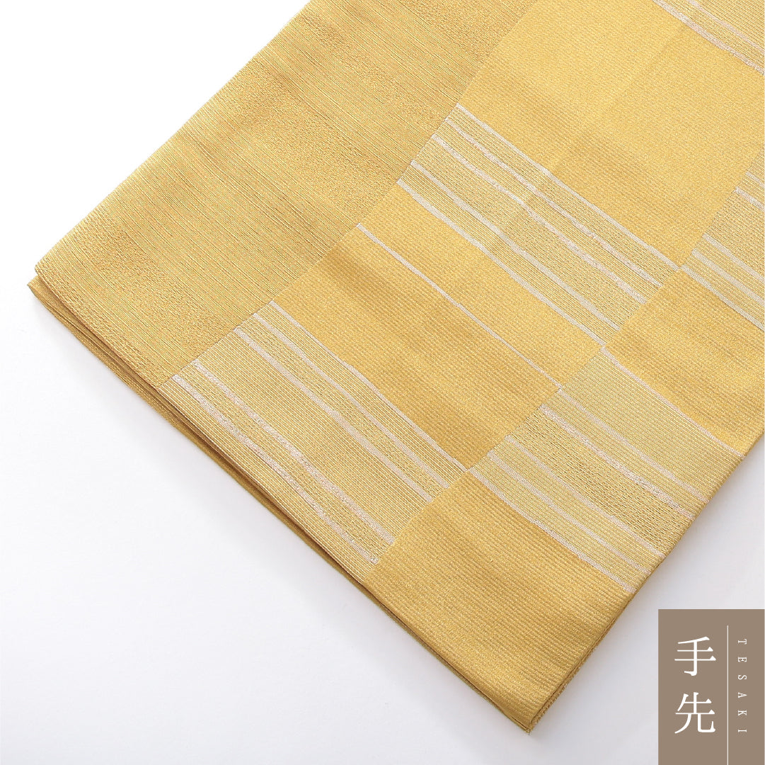 九寸名古屋帯 帯丈378cm カジュアル 開き仕立て 六通 Sランク ポリエステル 創作柄 黄系 1224-03830