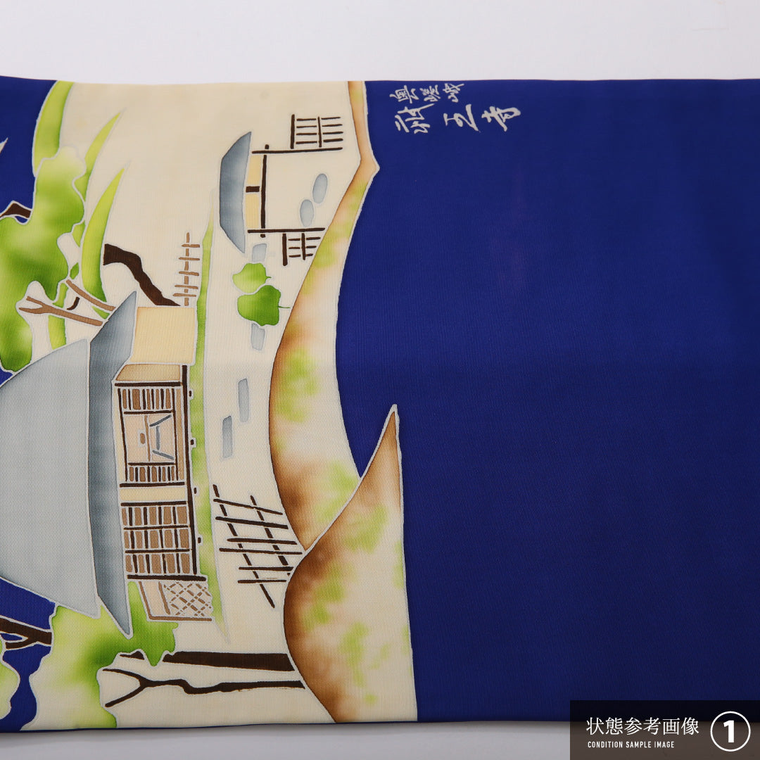 九寸名古屋帯 帯丈381cm カジュアル 名古屋仕立て ポイント柄 Bランク 正絹 染め帯 塩瀬 風景柄 青系 1224-03494