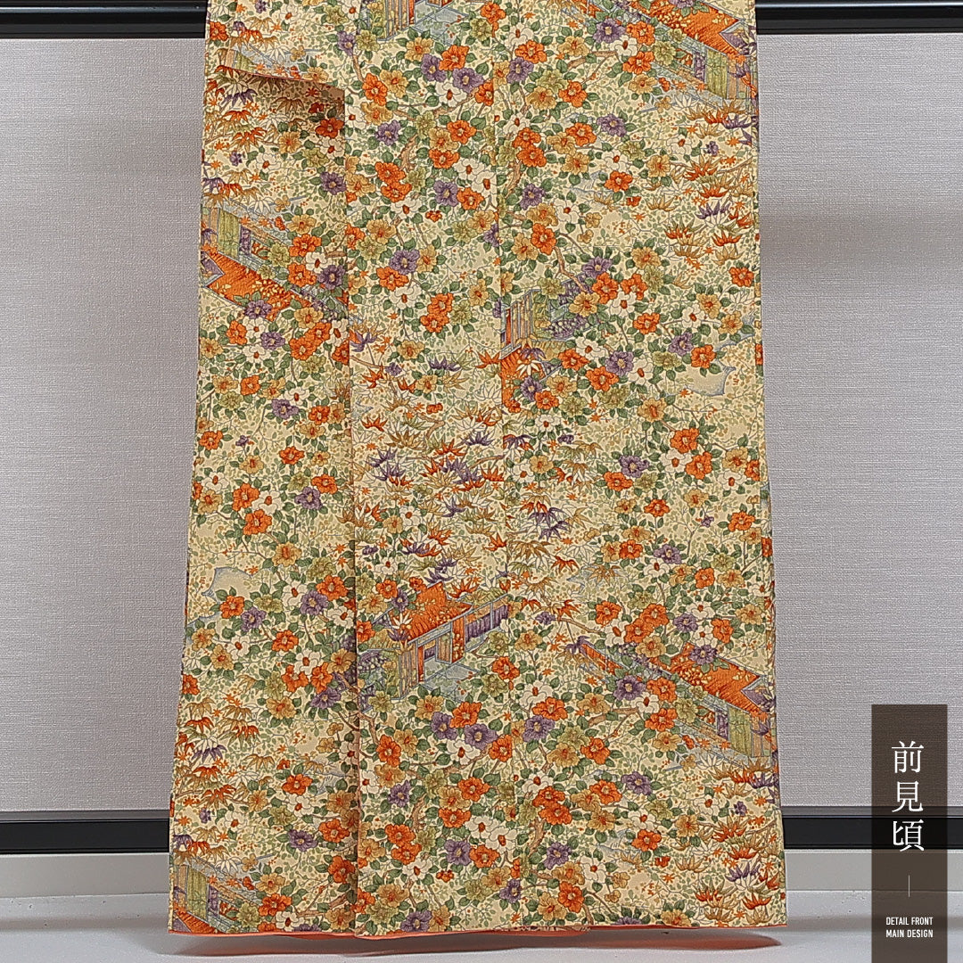 洗える着物 小紋 袷 身丈160cm 裄丈64cm ポリエステル Sランク インフォーマル 広衿 Lサイズ 茶屋辻 クリーム系 RP 1221-16357