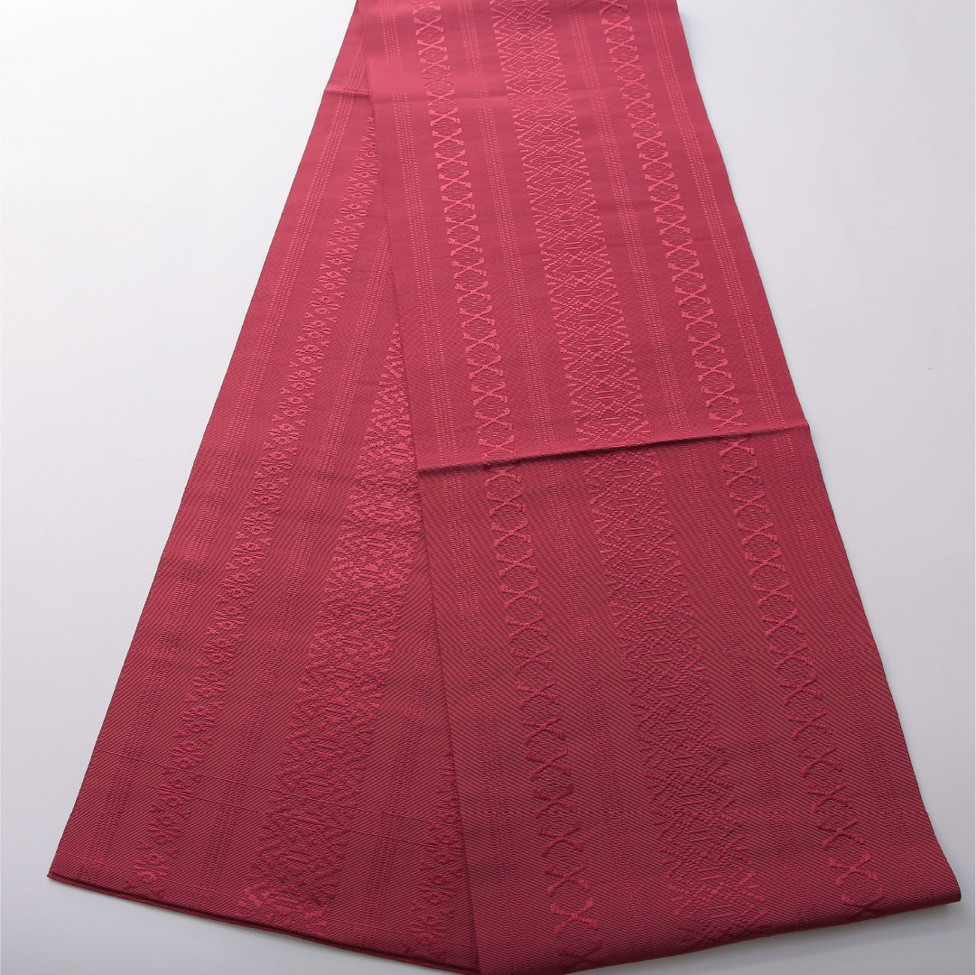 八寸名古屋帯 帯丈350cm セミフォーマル 開き仕立て 全通 帯芯なし Sランク 正絹 献上柄 紫系 赤系 1224-03496