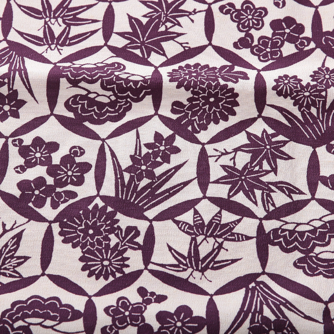 九寸名古屋帯 帯丈345cm カジュアル 名古屋仕立て 全通 Aランク 正絹 染め帯 古典柄 紫系 クリーム系 1224-03924