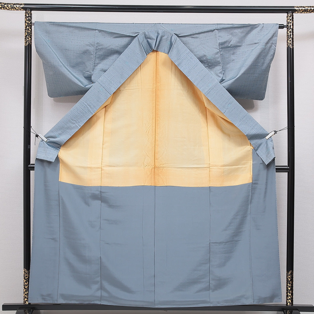 紬 袷 身丈160cm 裄丈64cm 正絹 Aランク Lサイズ 広衿 カジュアル 抽象柄 水色系 1216-16660