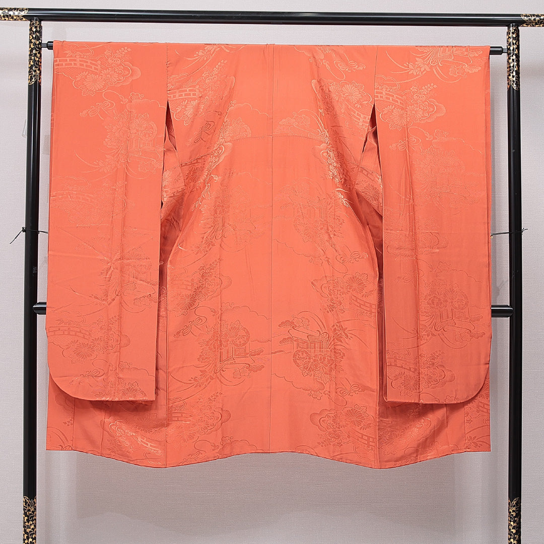 振袖用 長襦袢 無双袖 身丈124cm 裄丈65cm 正絹 Sランク Mサイズ 花車 茶系 RP 1240-15390