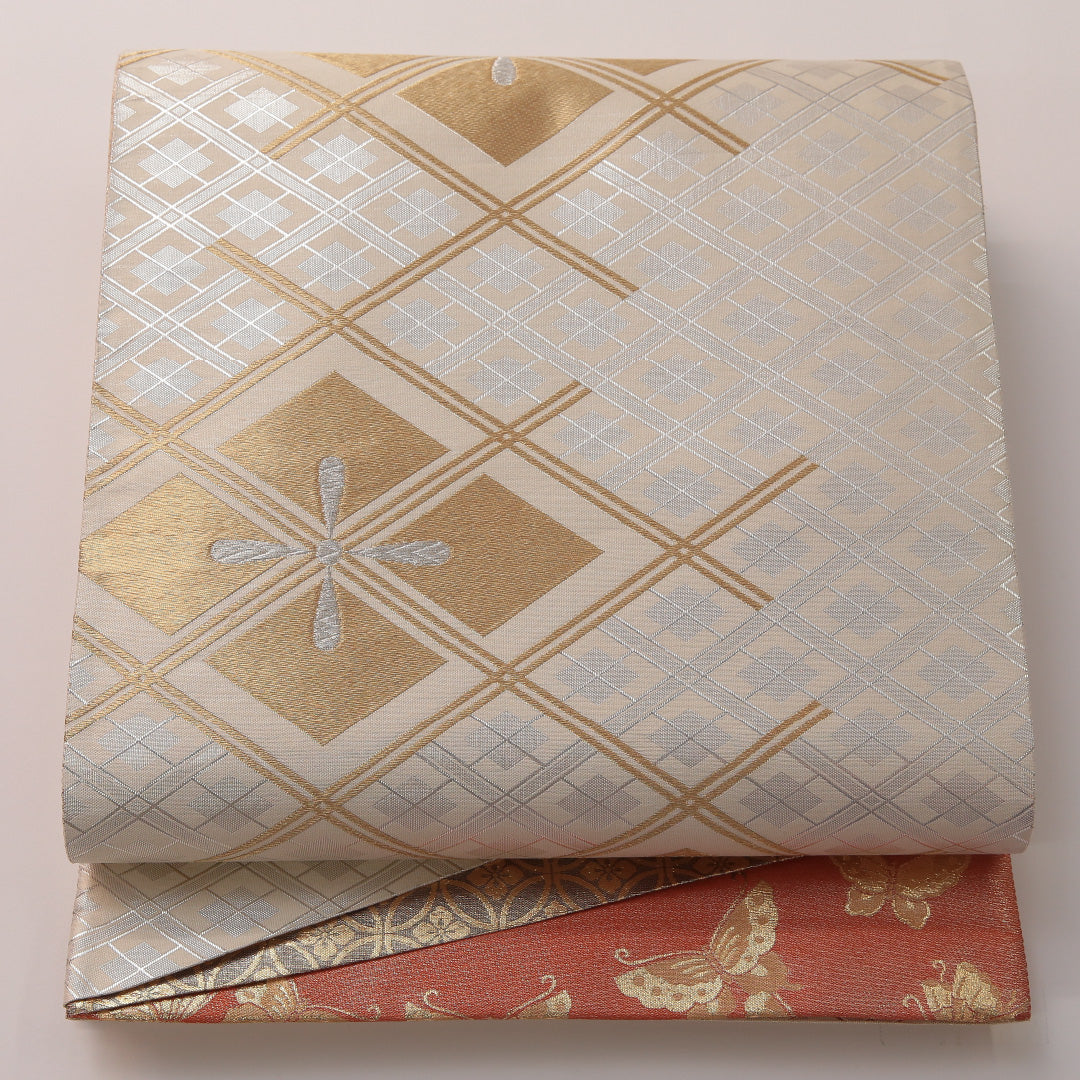 袋帯 帯丈448cm フォーマル 創作 リバーシブル Sランク 正絹 蝶 菱 クリーム系 金系 1223-01898