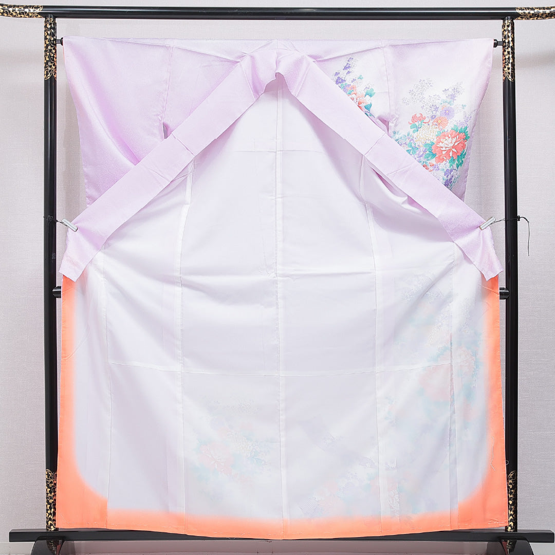 訪問着 洗える着物 袷 身丈164cm 裄丈64cm ポリエステル Aランク Lサイズ 広衿 セミフォーマル 熨斗 牡丹 紫系 1212-16213