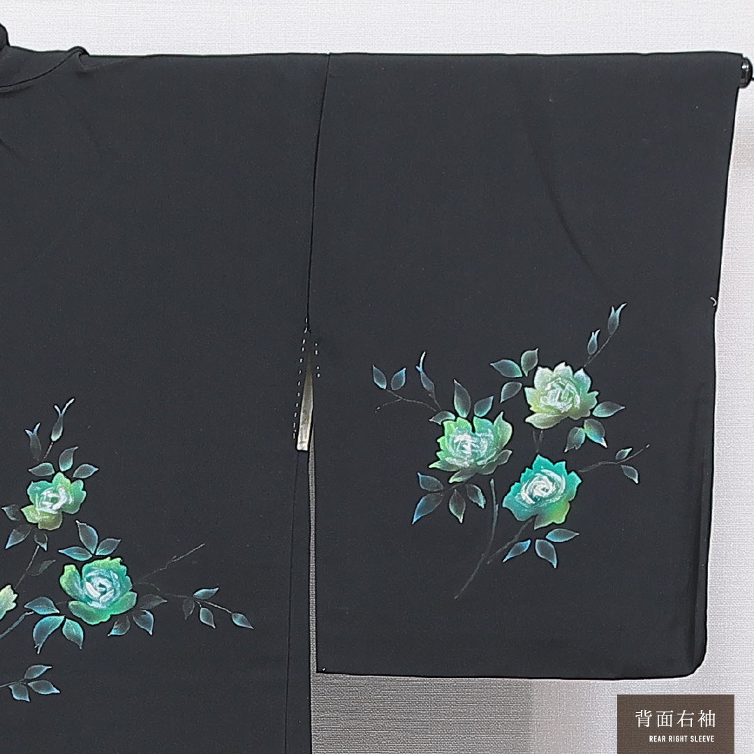 黒羽織 袷 身丈76cm 裄丈63cm 正絹 Aランク インフォーマル Sサイズ 紐あり 薔薇 黒系 RP 1233-16831