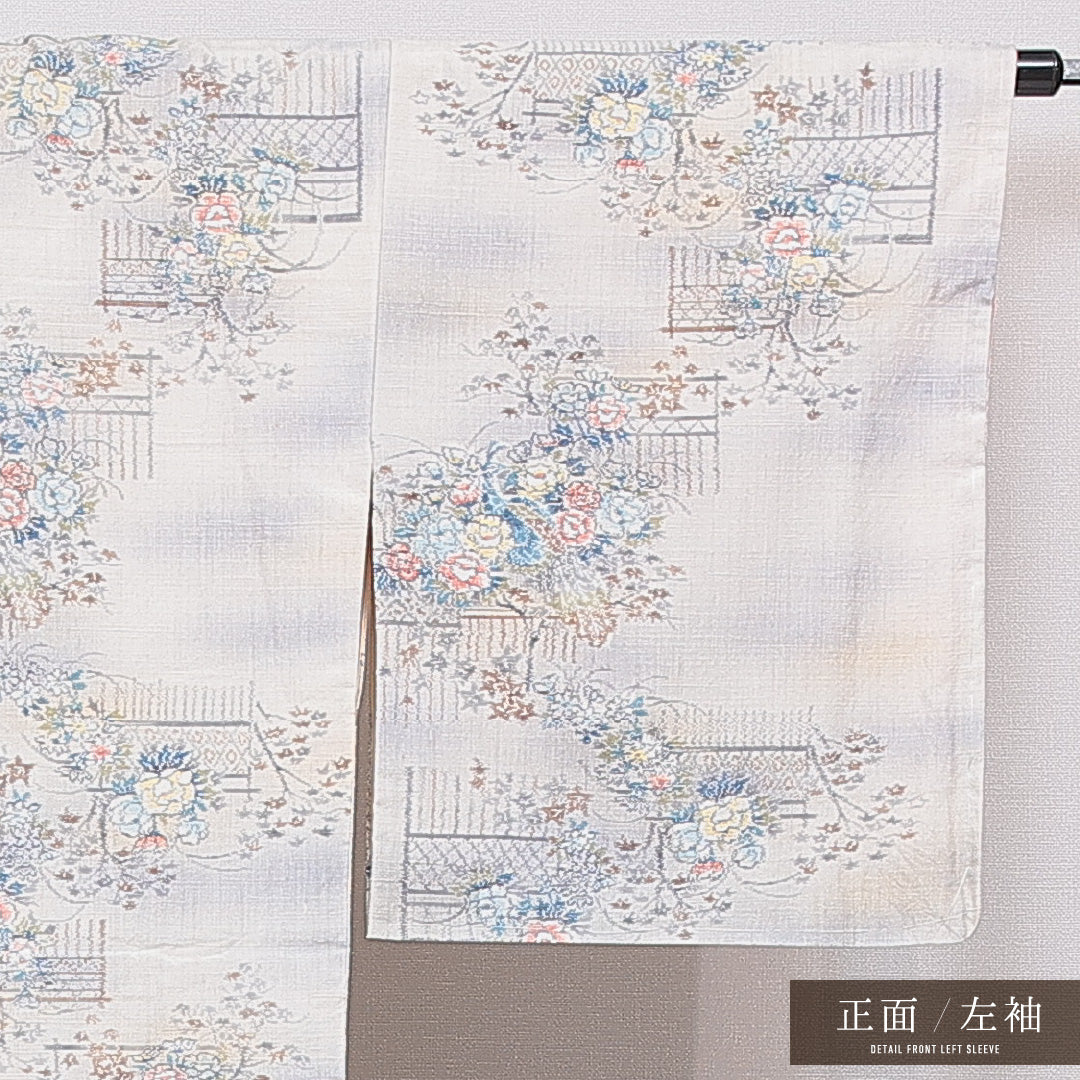 紬 袷 身丈164cm 裄丈66cm 正絹 Aランク Lサイズ 広衿 カジュアル 牡丹 クリーム系 1216-16662