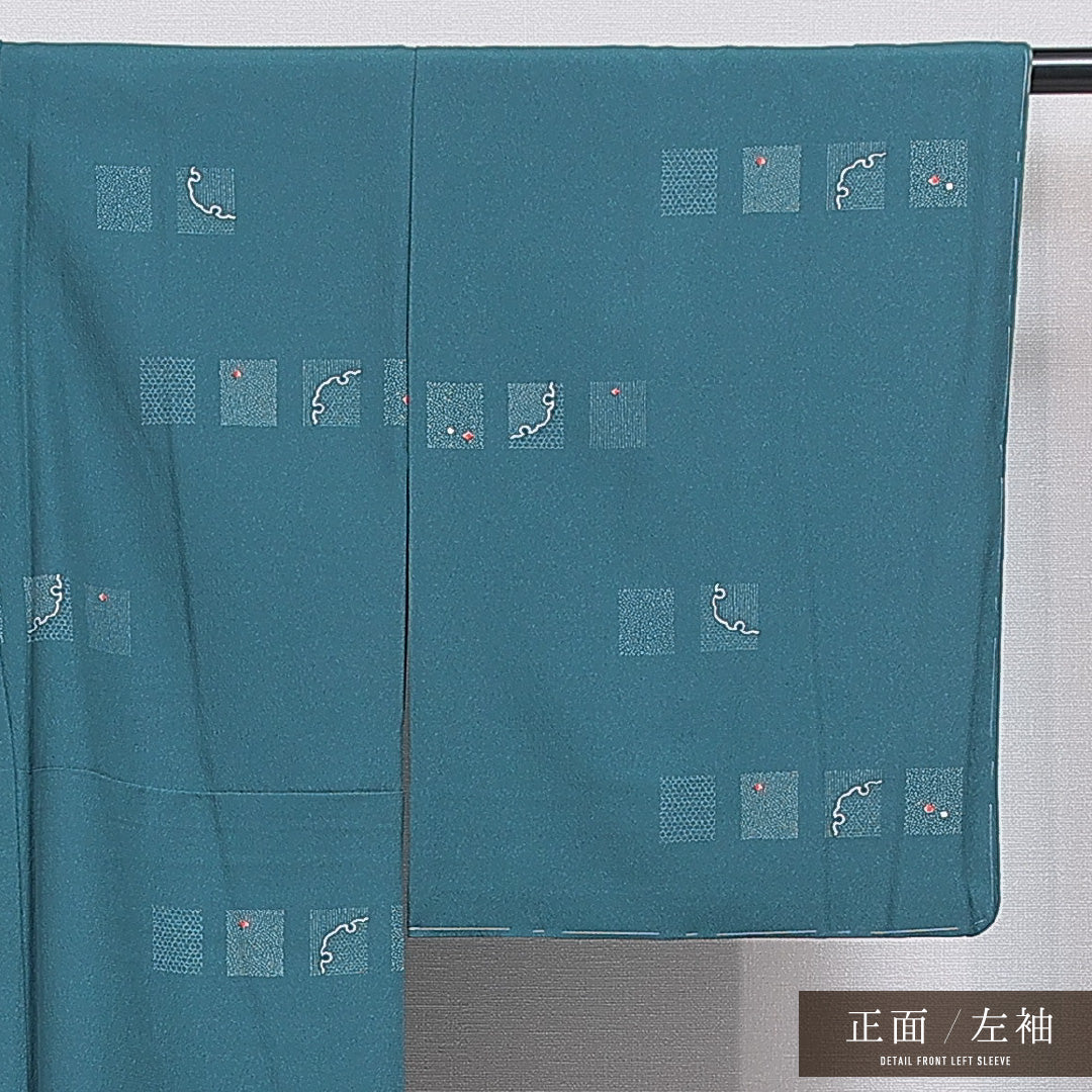 洗える着物 小紋 袷 身丈167cm 裄丈64cm ポリエステル Sランク インフォーマル 広衿 XLサイズ 創作柄 緑系 RP 1221-16258