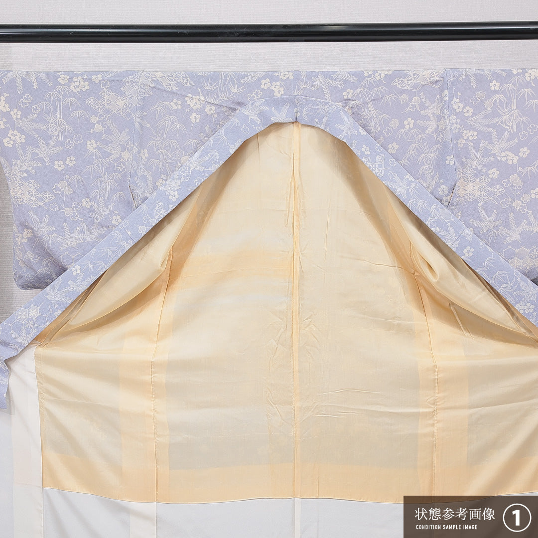 小紋 袷 身丈161cm 裄丈63cm 正絹 Aランク Lサイズ バチ衿 インフォーマル 七宝 梅 水色系 1215-15649