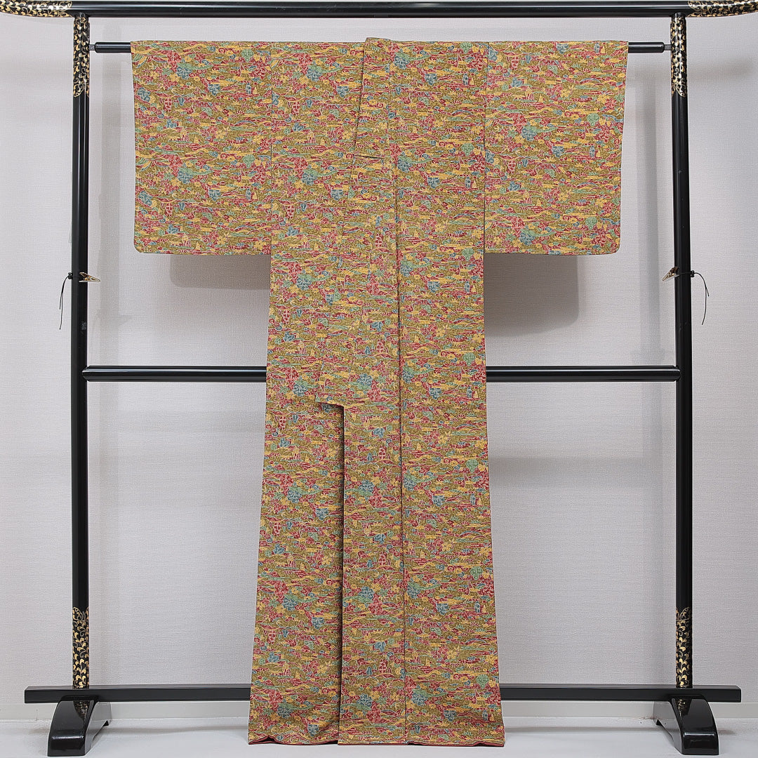 未使用品 小紋 袷 身丈156cm 裄丈64cm 正絹 Nランク インフォーマル バチ衿 Mサイズ 植物柄 緑系 RP 1221-15362