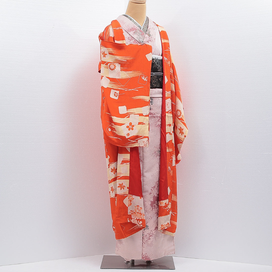 アンティーク 羽織 袷 身丈121cm 裄丈62cm 正絹 Bランク Sサイズ 向日葵 朱系 M4 1232-16185