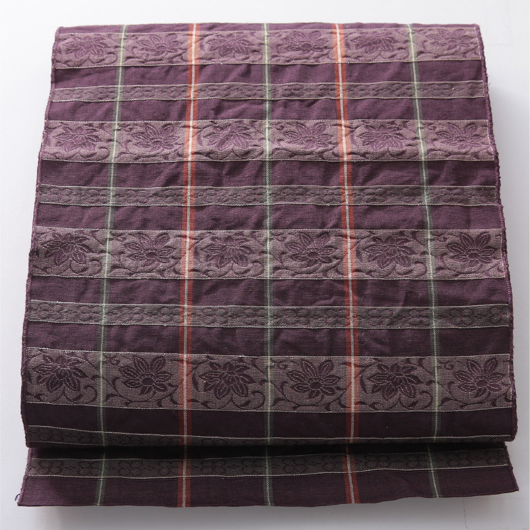 八寸名古屋帯 帯丈306cm カジュアル 開き仕立て 全通 Aランク 正絹 ふくれ織 唐華 紫系 1224-03921