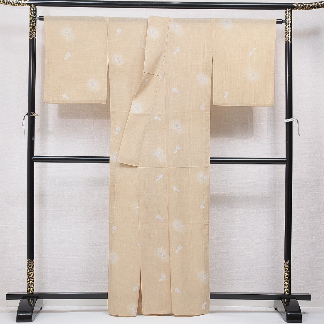 紬 単衣 身丈161cm 裄丈67cm 正絹 Cランク Lサイズ 広衿 カジュアル 染紬 瓢箪 クリーム系 1216-15676