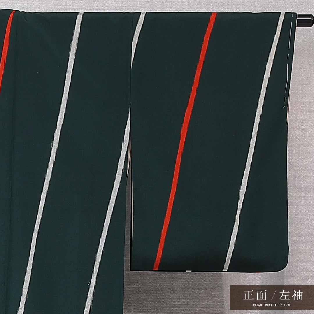 アンティーク お召 袷 身丈152cm 裄丈66cm 正絹 Cランク バチ衿 Sサイズ 創作柄 緑系 RP 1222-16762