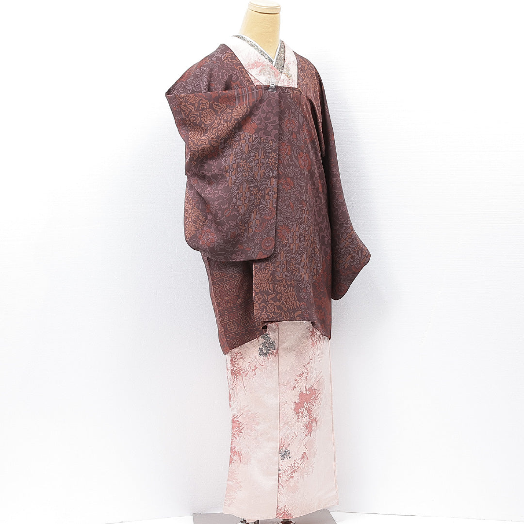 道行コート 袷 身丈86cm 裄丈66cm 正絹 Sランク Mサイズ フォーマル ポケットあり 唐草 縞 紫系 1263-15136