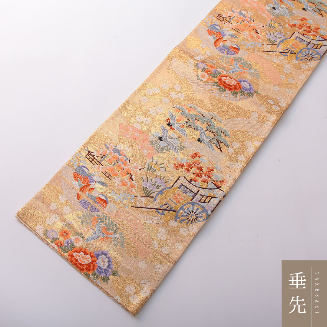 袋帯 帯丈426cm フォーマル 六通 Sランク 正絹 花車 金系 1223-01979